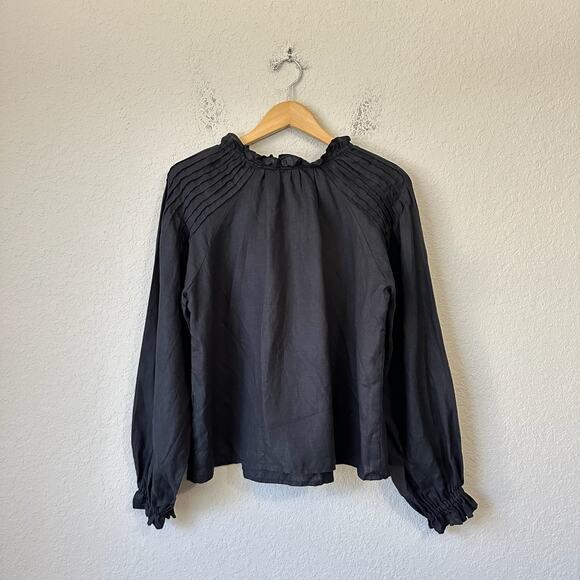 LUNAR FOX Charlotte Blouse Black Linen Balloon Sleeve Minimalist Goth - Picture 2 of 10
